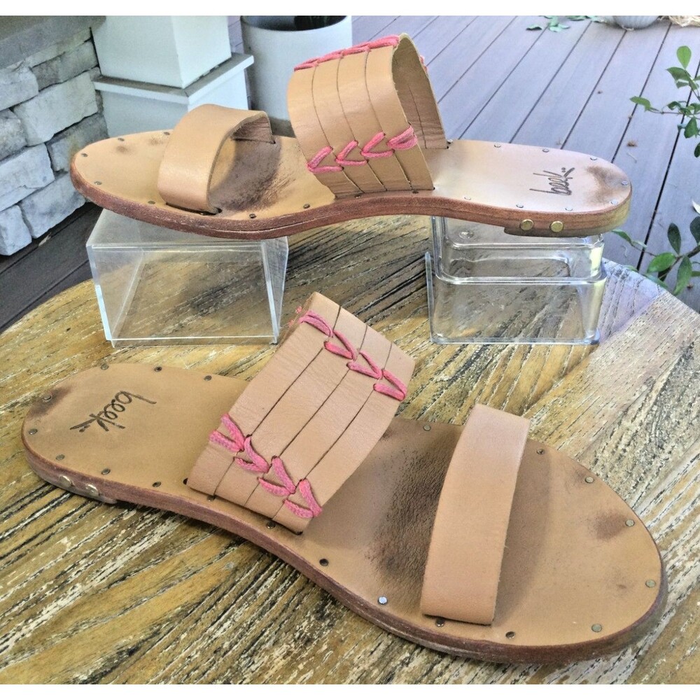 BEEK Kiwi Sandals Slides Size 8 Handmade Leather Embroidered Pink Beige